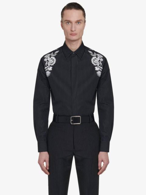 Alexander McQueen Men's Embroidered Harness Shirt in Black/white/silver