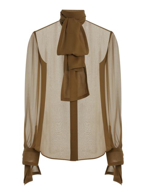 SAINT LAURENT Silk Mousseline Blouse with Tie Cuffs brown