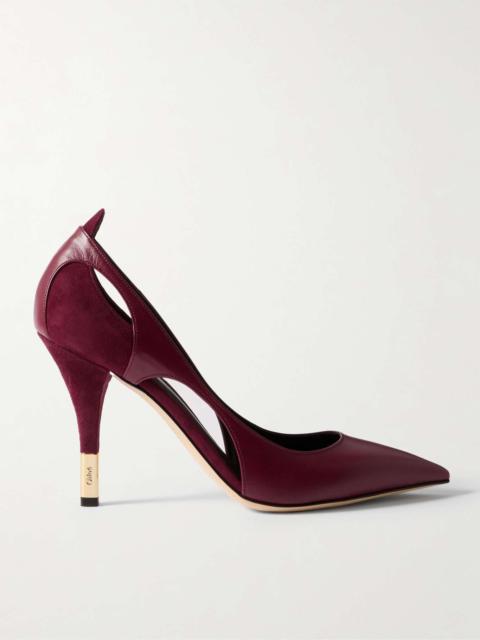 Saada cutout suede-trimmed leather pumps