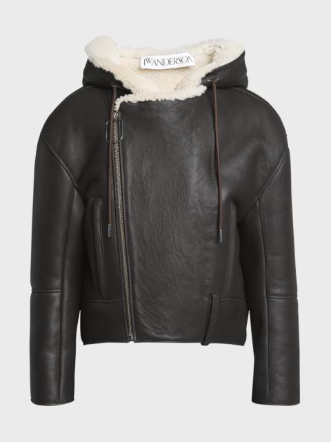 Shearling Hooded Leather Biker Jacket