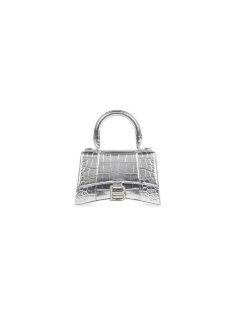 BALENCIAGA Women's Hourglass Xs Handbag Crocodile Embossed in Silver