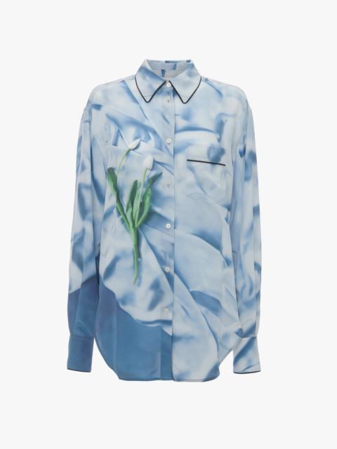 Victoria Beckham Piping Detail Pyjama Shirt In Ice Blue Satin Flowers