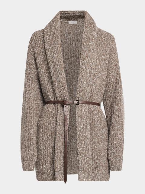 Brunello Cucinelli Micro Paillette Wool Knit Shawl-Collar Cardigan