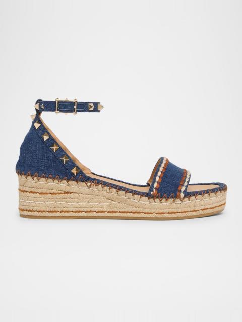 Valentino Rockstud Denim Wedge Espadrille Sandals