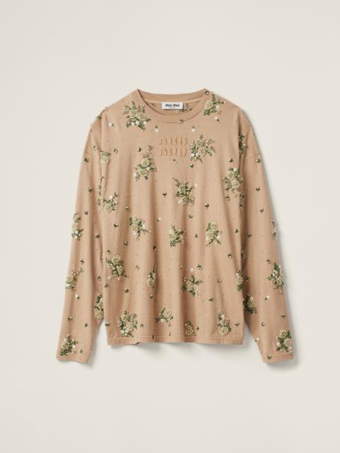 Miu Miu Garment-dyed long-sleeve jersey T-shirt with embroidery