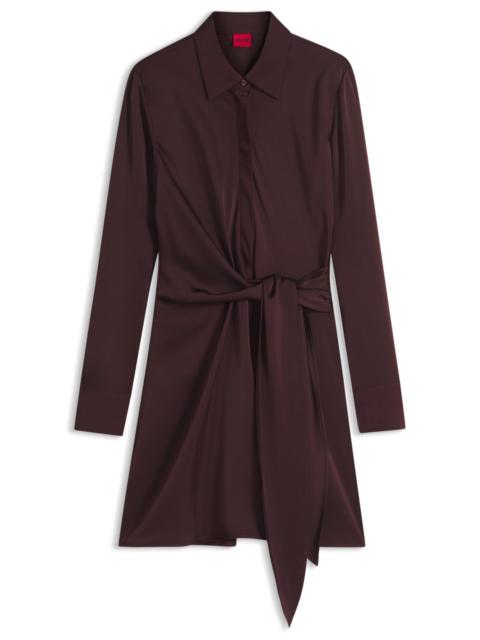 HUGO LONG-SLEEVE SATIN WRAP DRESS WITH STACKED LOGO