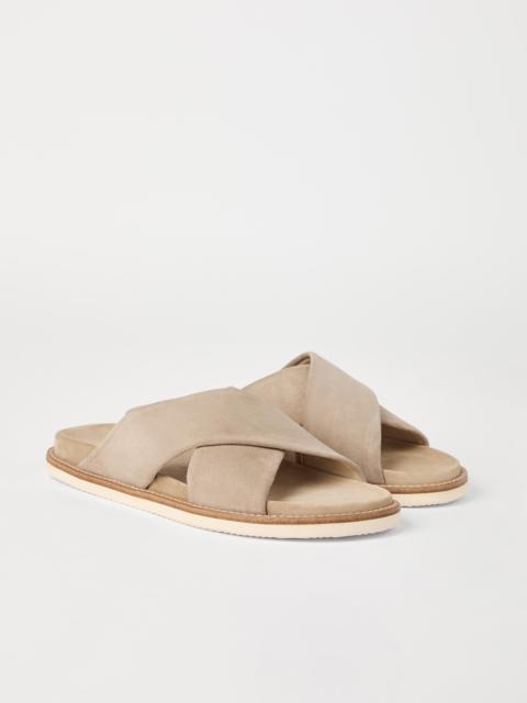 Brunello Cucinelli Washed suede cross-over slides