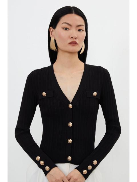 KAREN MILLEN Viscose Blend Dry Handle Rib Military Trim Cardigan
