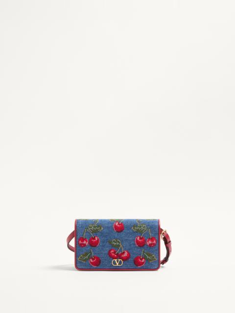 Valentino VLOGO SIGNATURE MINI DENIM SHOULDER BAG WITH CHERRYFIC EMBROIDERY