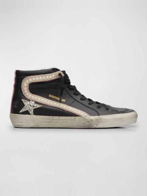 Slide Mid-Top Pearly Stud Leather Sneakers