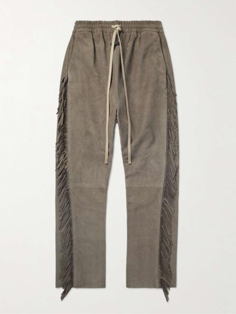 Straight-Leg Logo-Appliquèd Ribbed Fringed Suede Trousers