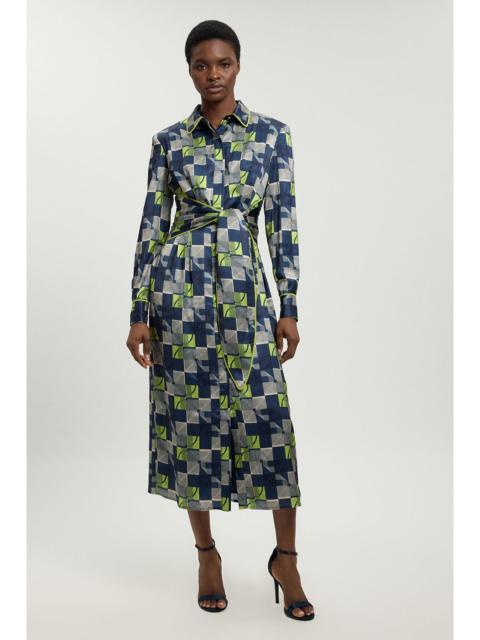 KAREN MILLEN Geo Print Hammered Satin Tie Waist Woven Midi Dress