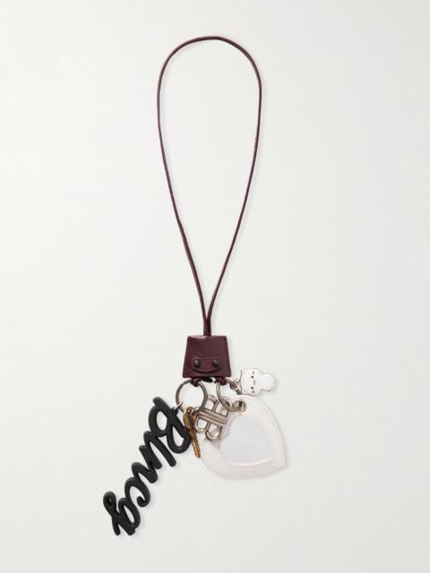 BALENCIAGA Le City embellished textured-leather, silver and gold-tone key fob Burgundy