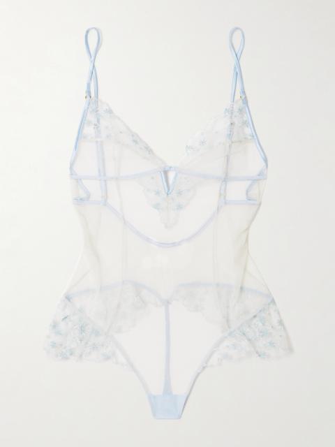 KIKI DE MONTPARNASSE Mathilde Silk-blend Satin-trimmed Embroidered Tulle Thong Bodysuit