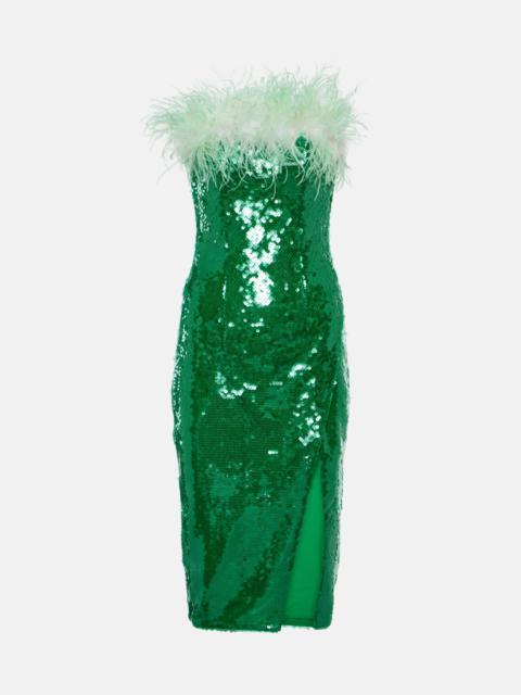 Feather-trimmed sequined midi dress