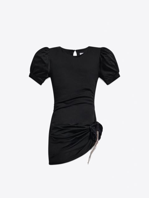AREA CRYSTAL FLOWER DRAPED SHORT SLEEVE MINI DRESS