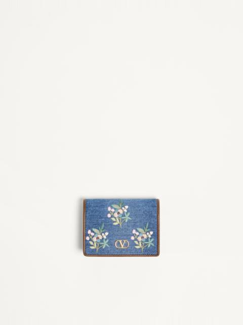 Valentino VALENTINO GARAVANI VLOGO SIGNATURE WALLET IN DENIM WITH FLORAL EMBROIDERY