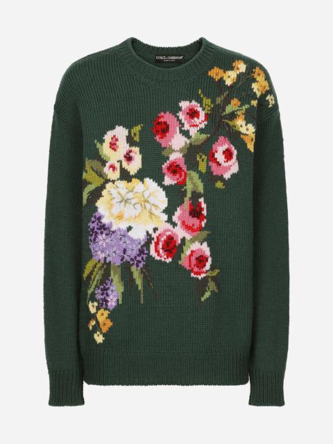 Wool sweater with floral intarsia