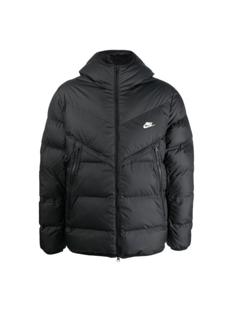 Men's Nike Solid Color Zipper Pocket logo Printing Hooded Down Jacket Black DR9605-010