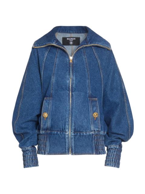 Balmain Women's Seamed Denim Bomber Jacket - Bleu Jean Fonce
