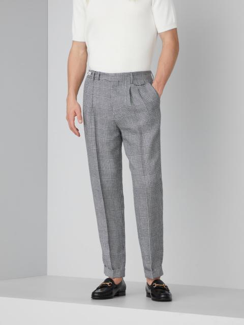 Linen, wool and silk Prince of Wales leisure fit trousers with double pleats and tabbed waistband