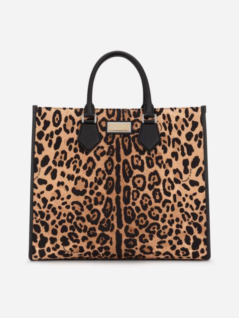 Leopard-print canvas shopper with calfskin nappa details