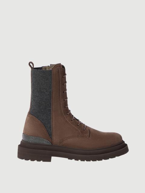 Brunello Cucinelli Suede boots with virgin wool knit insert and precious detail