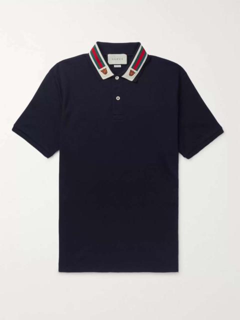 GUCCI Appliquéd Webbing-Trimmed Cotton-Piqué Polo Shirt