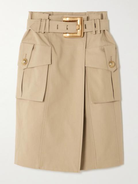 Balmain Belted Wrap-effect Button-embellished Cotton-gabardine Skirt