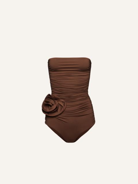MAGDA BUTRYM Flower appliqué strapless draped swimsuit in brown
