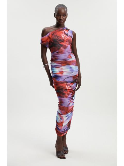 KAREN MILLEN Floral Printed Mesh Ruched One Shoulder Maxi Dress
