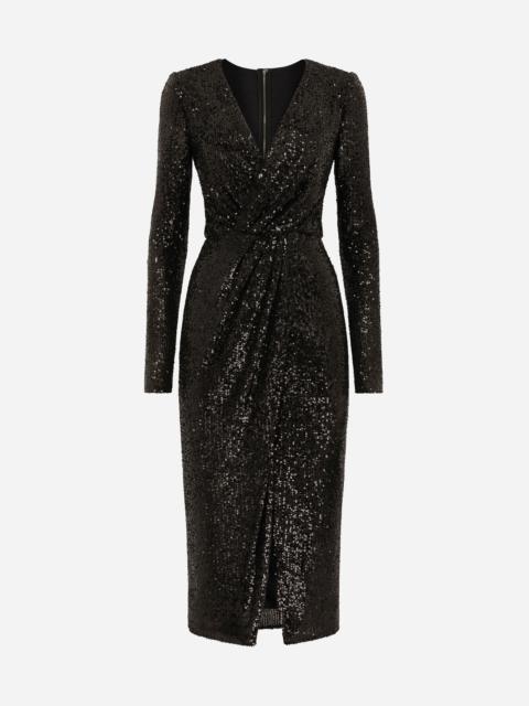 Micro-sequined calf-length dress