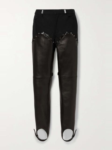 Convertible twill and leather straight-leg stirrup pants
