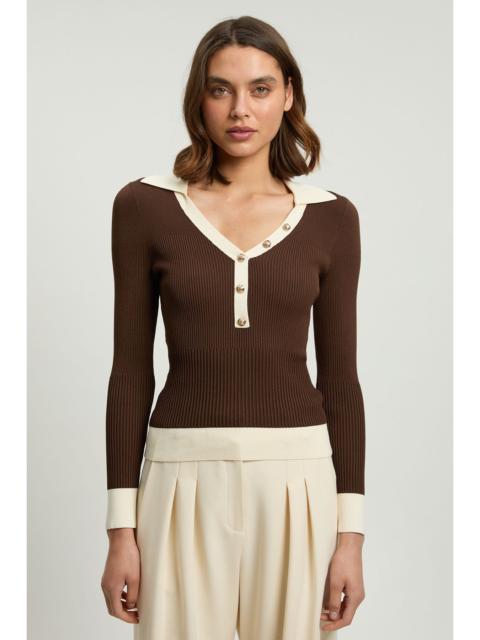 KAREN MILLEN Knit Rib With Contrast Hem Detail Collared Top