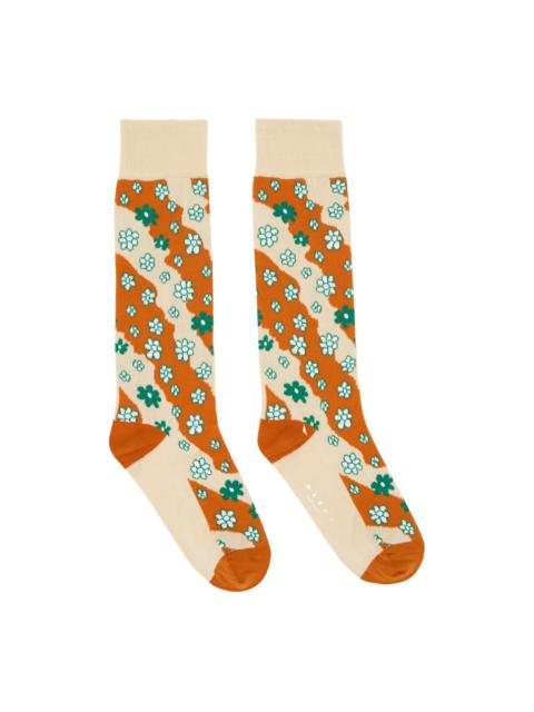 Beige & Orange Stripy Flowers Socks