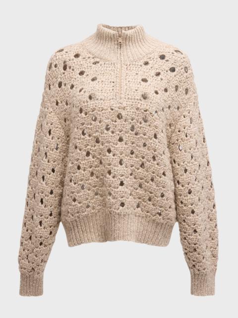 Paillette Round Open-Weave Cashmere Quarter-Zip Sweater
