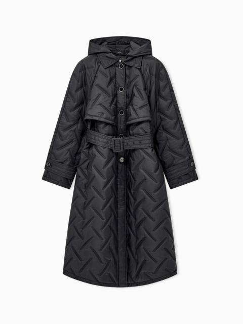 EMPORIO ARMANI LONG QUILTED LIGHT NYLON COAT WITH A HOOD AND BELT