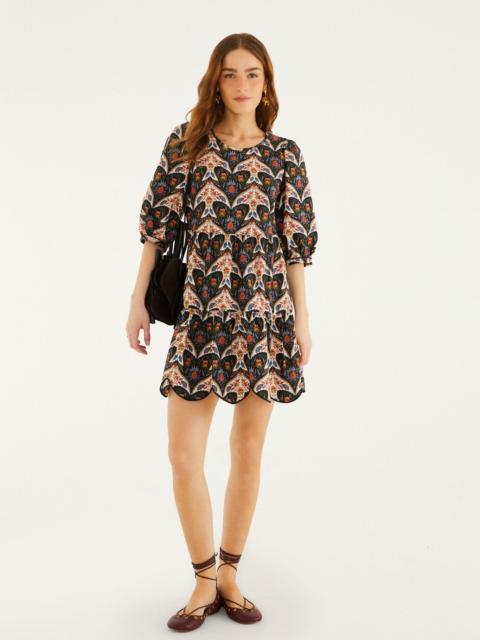 FARM RIO Black Porcelain Birds Puff Sleeve Mini Dress