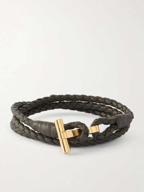 TOM FORD Woven Leather and Gold-Plated Wrap Bracelet Green