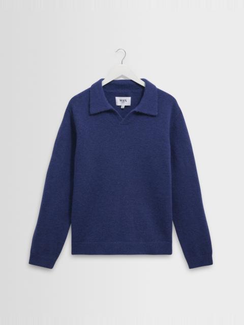 Wax London Carter - Blue Open Collar Fluffy Wool Knit Polo