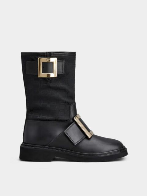 Roger Vivier Viv' Rangers Metal Buckle Biker Boots in Leather and Fabric