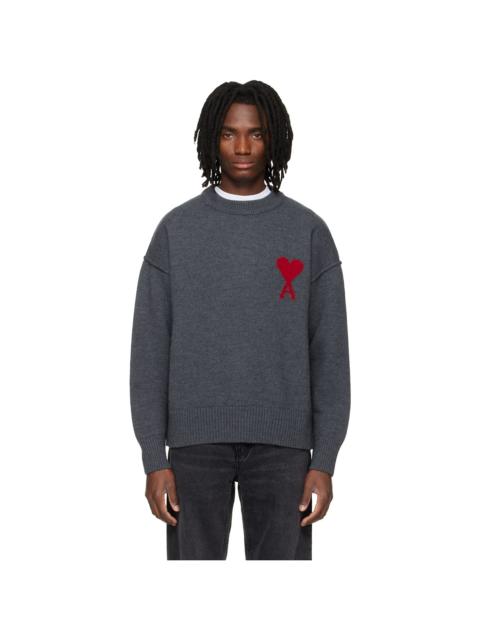 AMI Paris Gray Wool Contrasted Ami de Coeur Crewneck Sweater