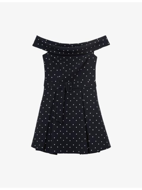 REISS Arwen Polka-Dot Bardot Stretch-Woven Mini Dress
