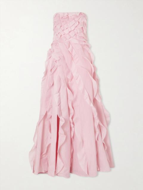 Aje. Allairie Strapless Ruffled Shirred Faille Gown