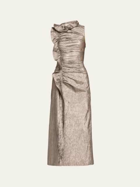 Demetra Metallic Ruffle Sleeveless Midi Dress