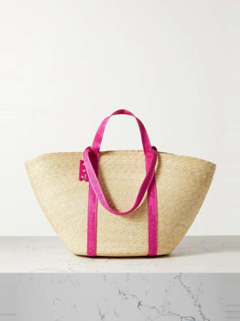 Commercial leather and canvas-jacquard trimmed straw tote
