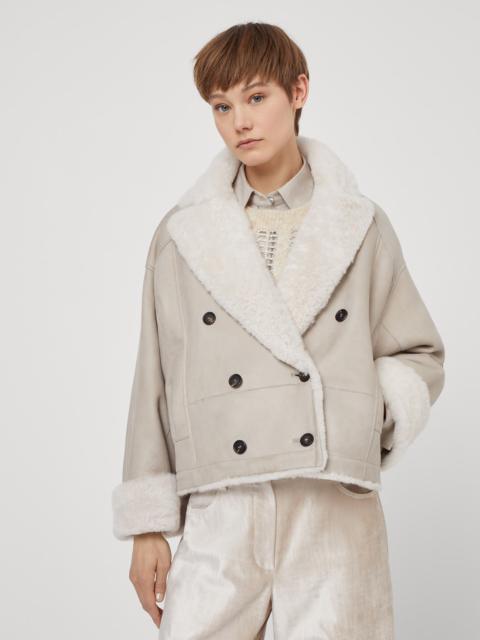 Fuzzy shearling reversible outerwear jacket with monili