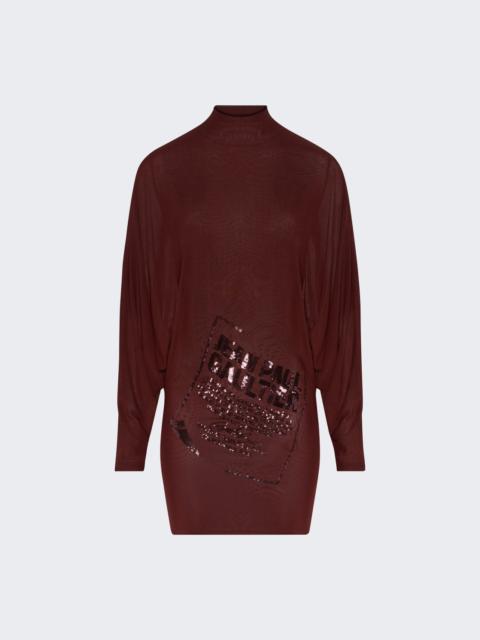 Jean Paul Gaultier Embroidered Mesh Short Dress With Bat Sleeves Burgundy