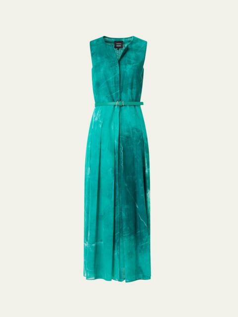 AKRIS Sleeveless Cotton Voile Belted Midi Dress