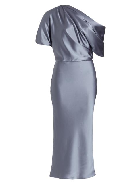 AMSALE Women's Draped Satin Pencil Midi-Dress - Slate